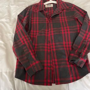 Boys red and grey plaid button shirt